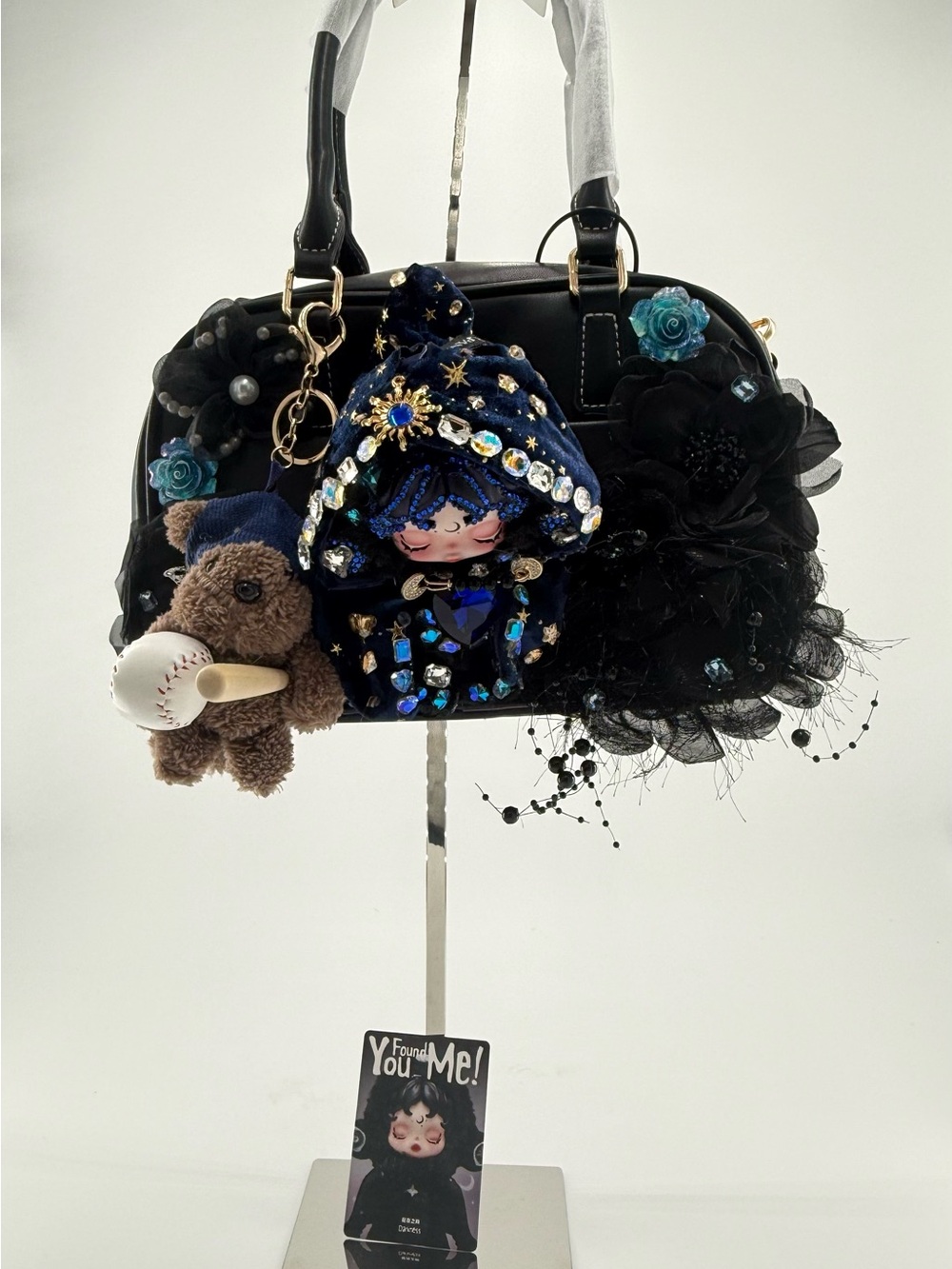 SKULL PANDA Embellished Black Top-Handle Bag with Blue Crystal Doll Charm